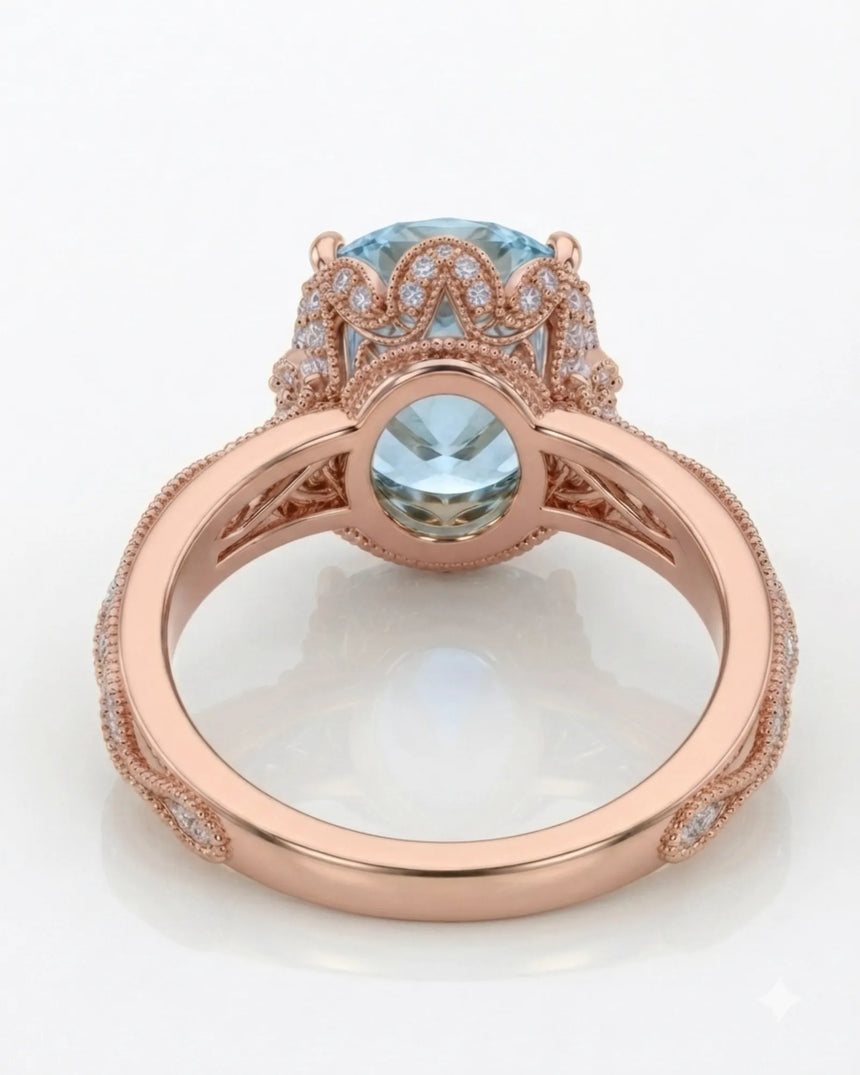 VIRELIA Oval Aquamarine Vintage Milgrain Diamond Ring Setting in Rose Gold, rear gallery view | SARATTI