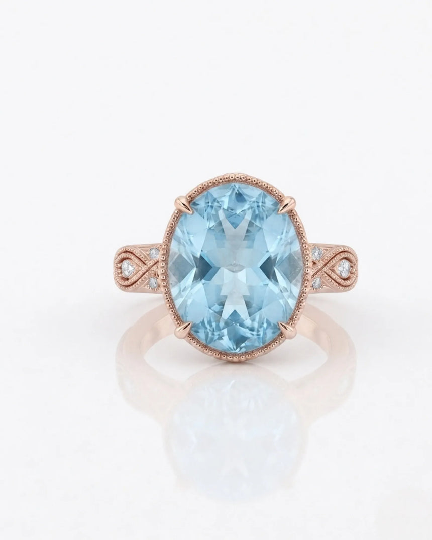 VIRELIA Oval Aquamarine Vintage Milgrain Diamond Ring Setting in Rose Gold, shoulder detail | SARATTI