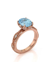VIRELIA Oval Aquamarine Vintage Milgrain Diamond Ring Setting in Rose Gold, three-quarter view | SARATTI