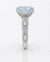 VIRELIA Oval Aquamarine Vintage Milgrain Diamond Ring Setting in White Gold, front view | SARATTI