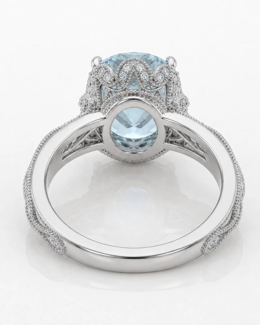 VIRELIA Oval Aquamarine Vintage Milgrain Diamond Ring Setting in White Gold, rear gallery view | SARATTI