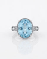 VIRELIA Oval Aquamarine Vintage Milgrain Diamond Ring Setting in White Gold, shoulder detail | SARATTI