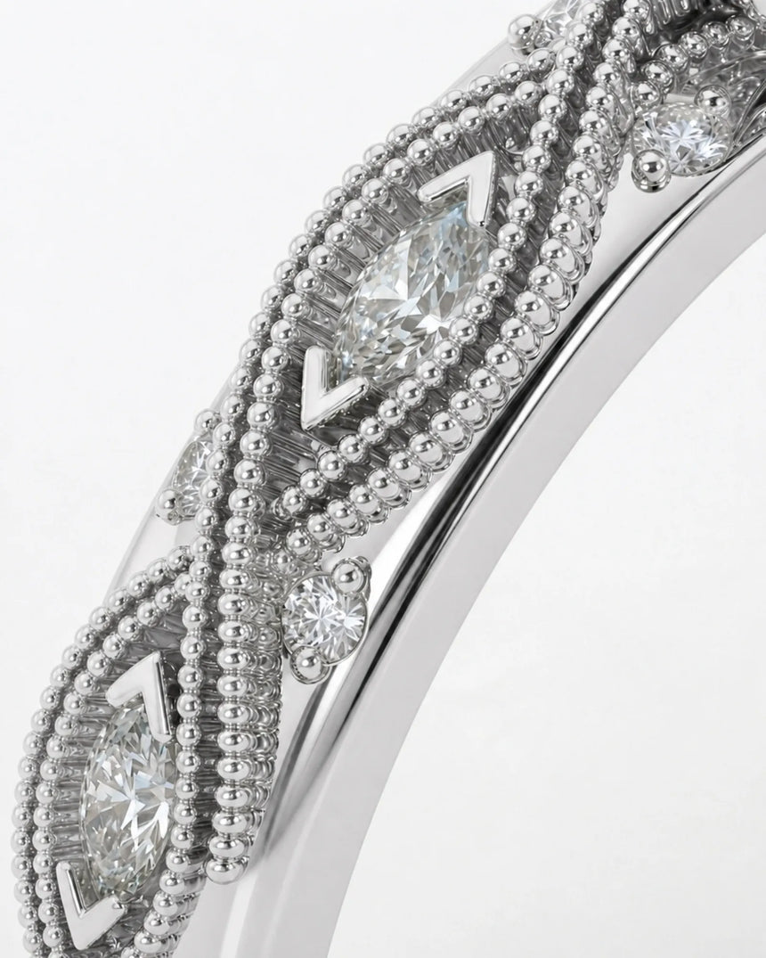 VIRELIA Oval Aquamarine Vintage Milgrain Diamond Ring Setting in White Gold, side profile | SARATTI