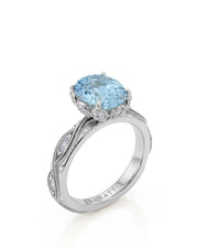 VIRELIA Oval Aquamarine Vintage Milgrain Diamond Ring Setting in White Gold, three-quarter view | SARATTI