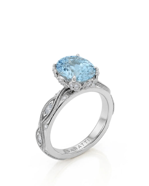 VIRELIA Oval Aquamarine Vintage Milgrain Diamond Ring Setting in White Gold, three-quarter view | SARATTI