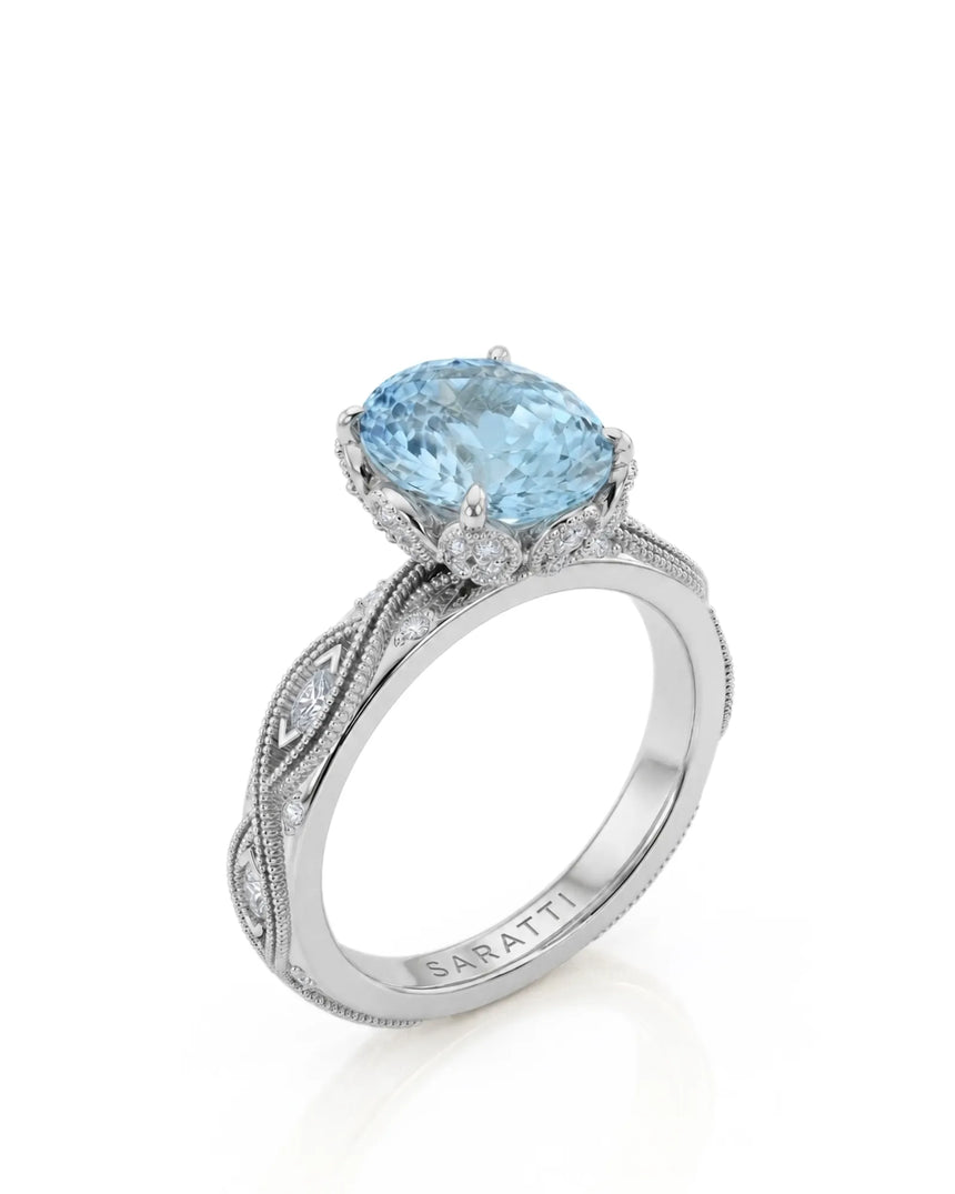 VIRELIA Oval Aquamarine Vintage Milgrain Diamond Ring Setting in White Gold, three-quarter view | SARATTI