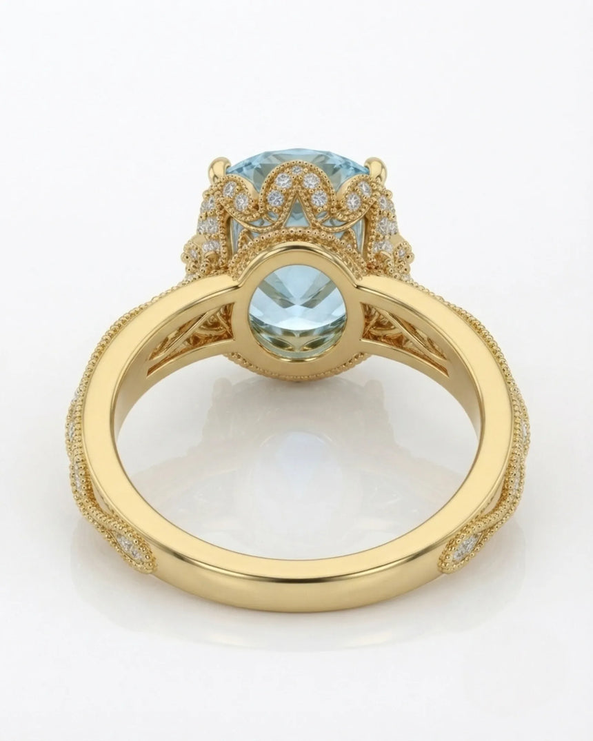 VIRELIA Oval Aquamarine Vintage Milgrain Diamond Ring Setting in Yellow Gold, rear gallery view | SARATTI