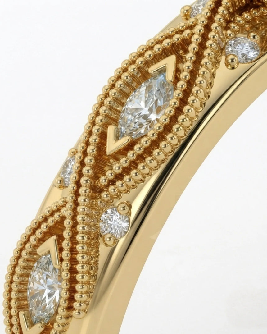 VIRELIA Oval Aquamarine Vintage Milgrain Diamond Ring Setting in Yellow Gold, shoulder detail | SARATTI