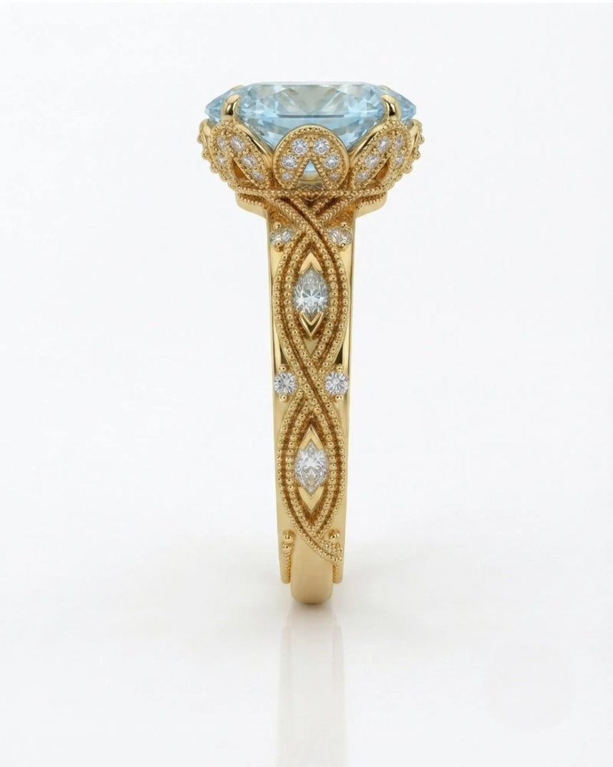 VIRELIA Oval Aquamarine Vintage Milgrain Diamond Ring Setting in Yellow Gold, side profile | SARATTI