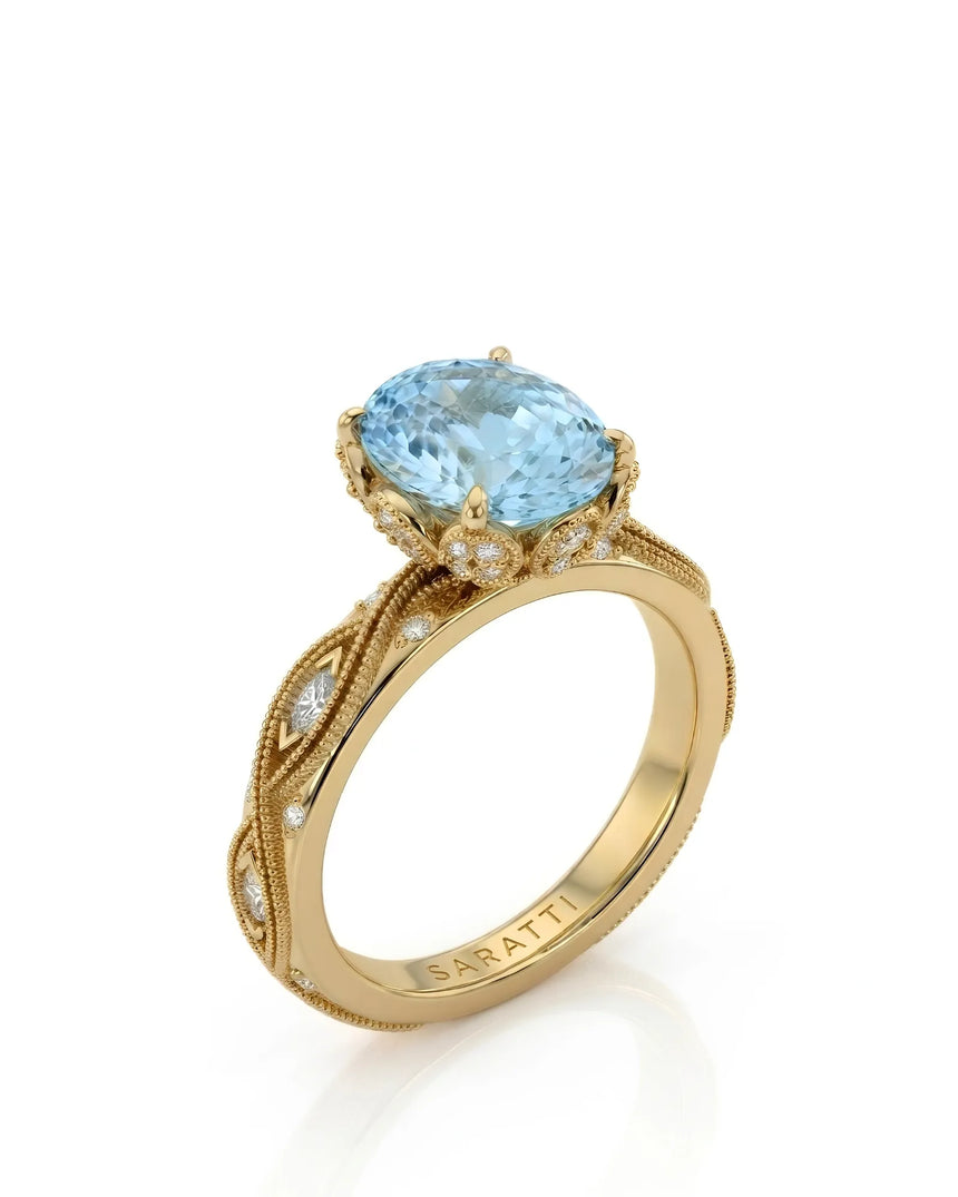 VIRELIA Oval Aquamarine Vintage Milgrain Diamond Ring Setting in Yellow Gold, three-quarter view | SARATTI