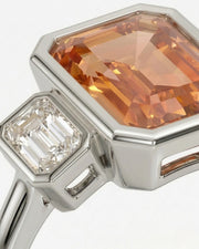 white gold emerald cut Topaz bezel setting with rectangular side diamonds | SARATTI