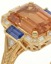 yellow gold emerald cut Topaz setting with sapphire Art Deco shoulders - SARATTI