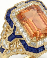 yellow gold emerald cut Topaz setting with sapphire fan shoulders - SARATTI