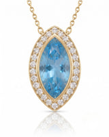 LUMÉA marquise cut Aquamarine diamond halo pendant necklace in Rose Gold, close-up view | SARATTI