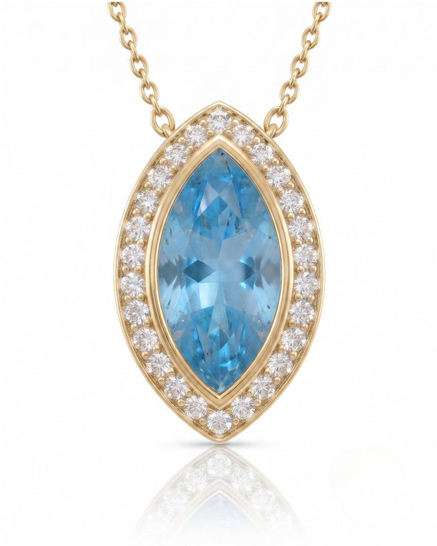 LUMÉA marquise cut Aquamarine diamond halo pendant necklace in Rose Gold, close-up view | SARATTI