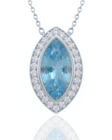LUMÉA marquise cut Aquamarine diamond halo pendant necklace in Yellow Gold, close-up view | SARATTI
