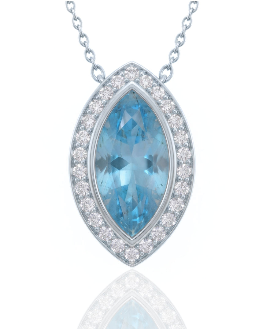 LUMÉA marquise cut Aquamarine diamond halo pendant necklace in Yellow Gold, close-up view | SARATTI