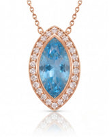 LUMÉA marquise cut Aquamarine diamond halo pendant necklace in White Gold, close-up view | SARATTI