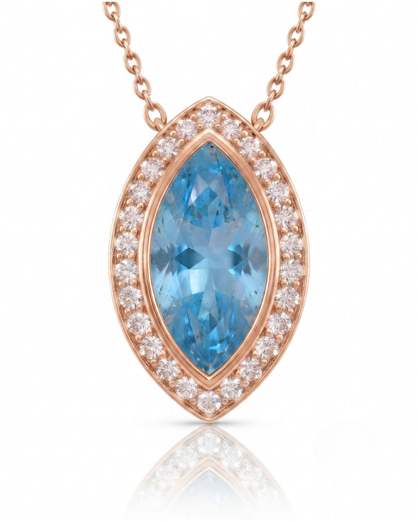 LUMÉA marquise cut Aquamarine diamond halo pendant necklace in White Gold, close-up view | SARATTI