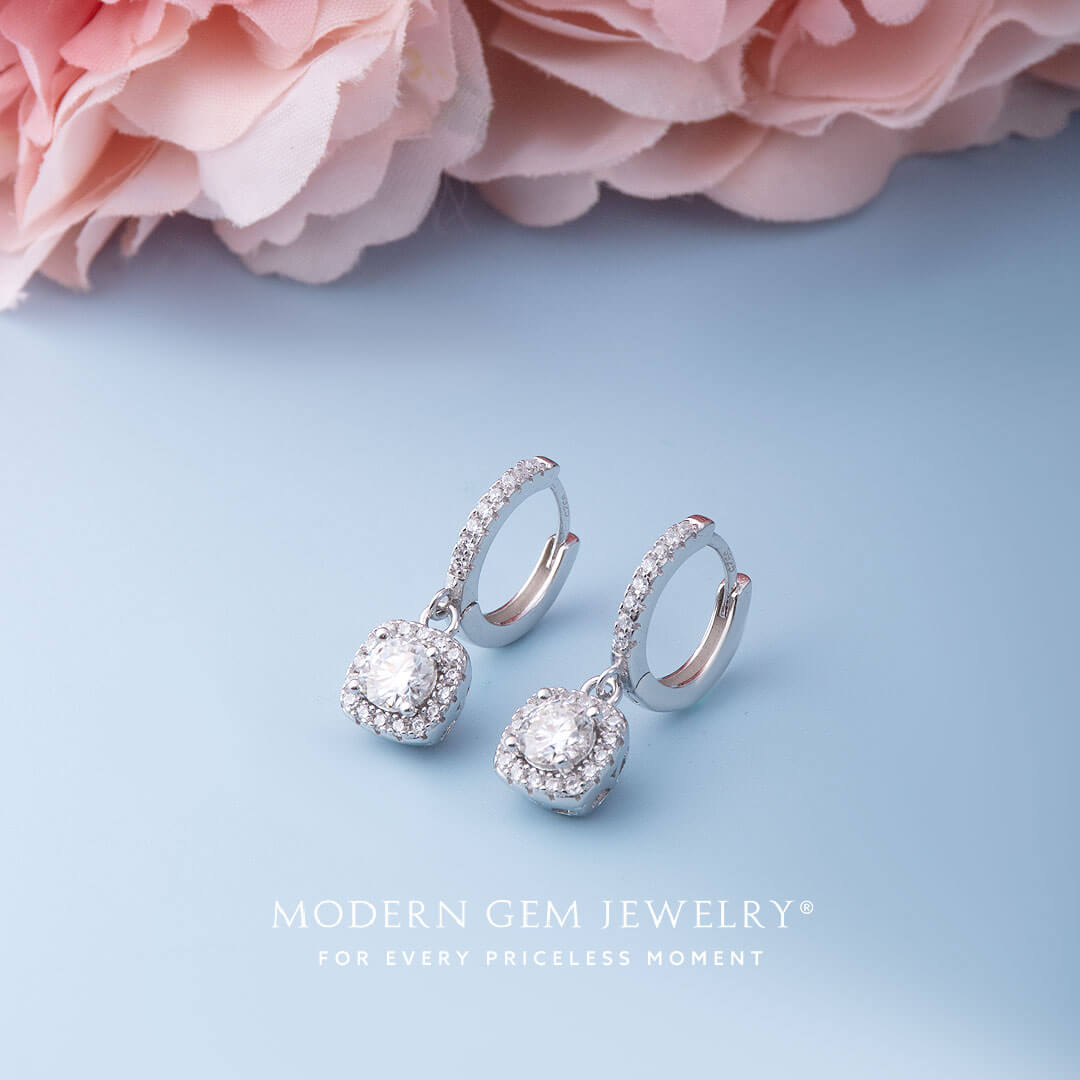 Diamond Halo Earrings in White Gold | Modern Gem Jewelry