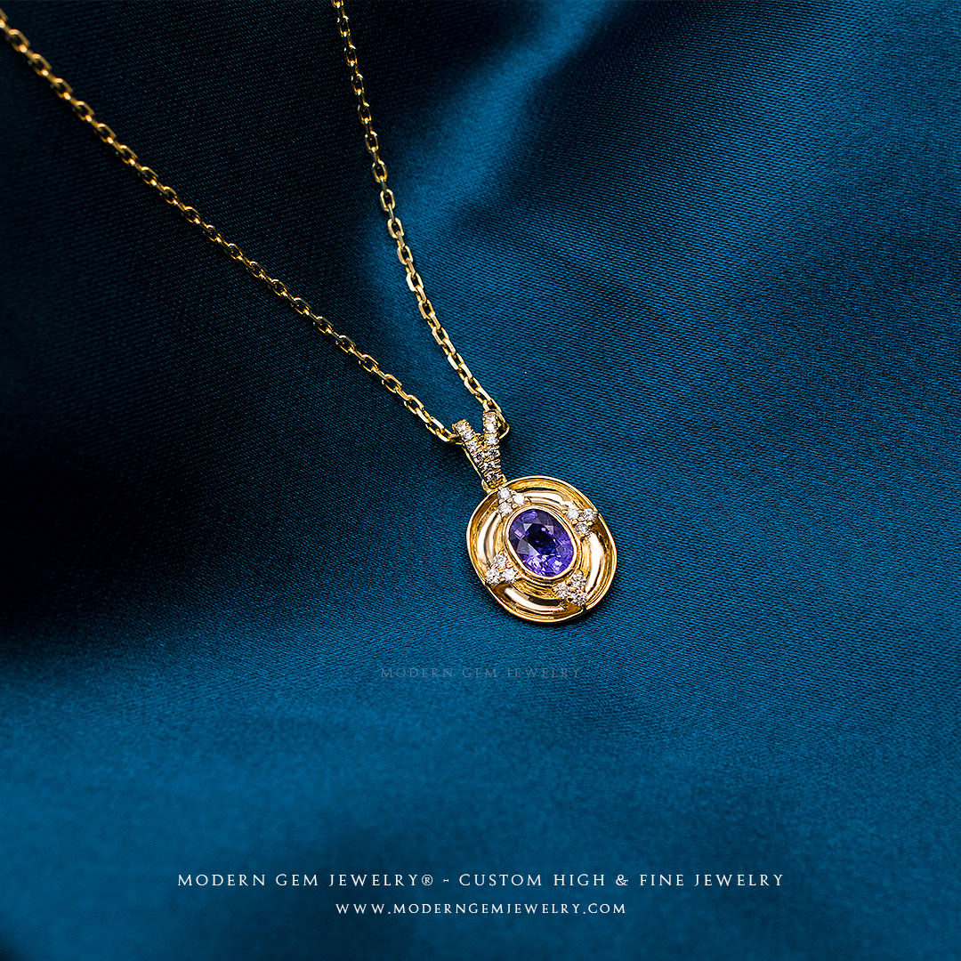 Gold Sapphire Necklace Bezel-Set Diamonds Modern Gem Jewelry