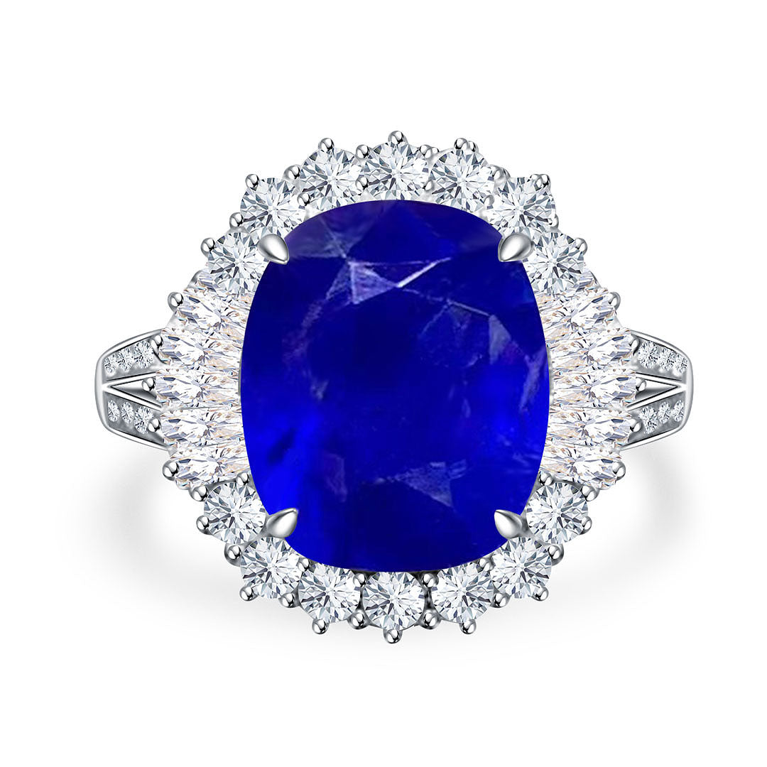 White Gold Sapphire Ring | 5 carat Unheated Cushion Royal Blue | High End Jewelry Split Shank Ring | Modern Gem Jewelry | Saratti 