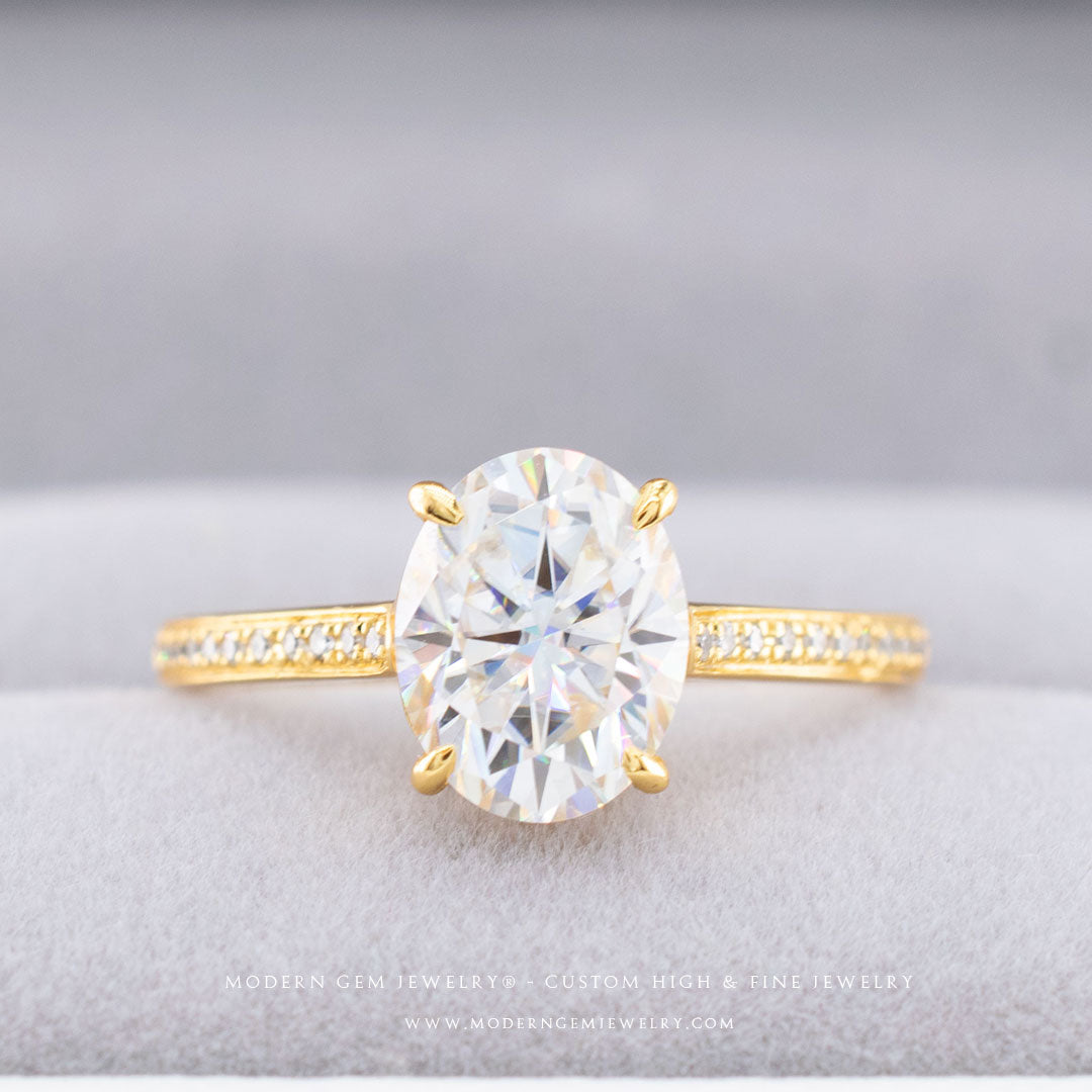Oval Moissanite Engagement Ring in Yellow Gold  | Custom Made Engagement Ring | Modern Gem Rings