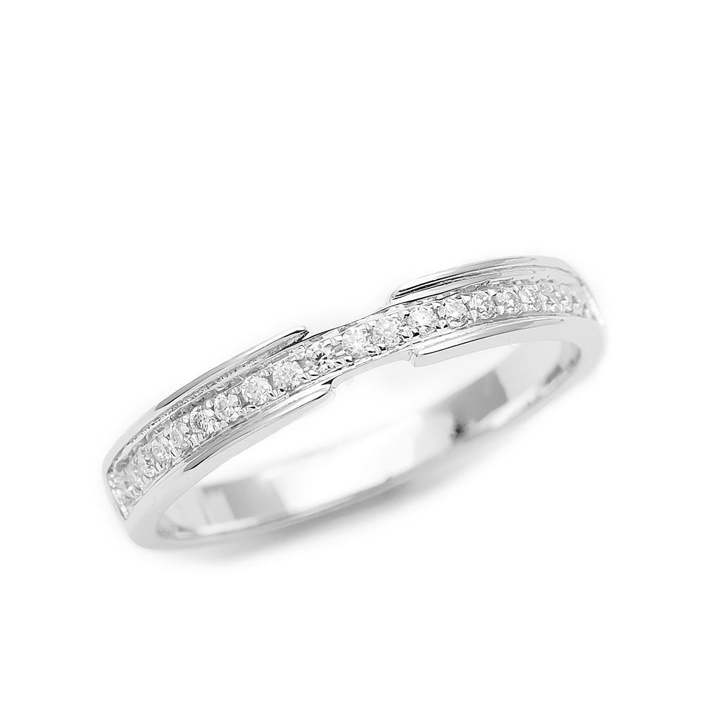 Thin Wedding Band with Diamonds and set in 18K White Gold against White Background | Modern Gem Jewelry  | Saratti