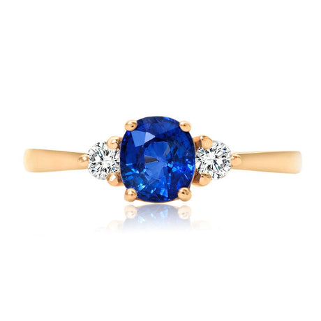 Cushion Blue Sapphire and Diamond Yellow Gold Ring | Modern Gem Jewelry | Saratti