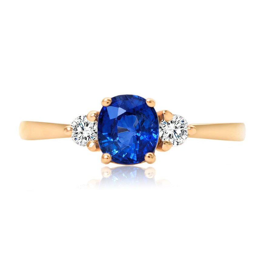 Cushion Blue Sapphire and Diamond Yellow Gold Ring | Modern Gem Jewelry | Saratti