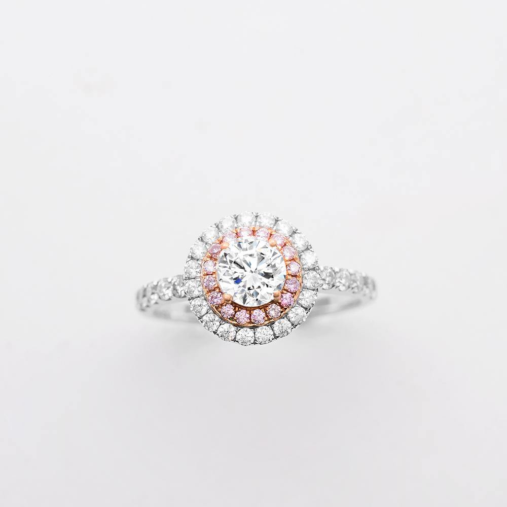 Elegant Chelsea Round Diamond Double Halo Pink Diamonds Ring | Modern Gem Jewelry | Saratti
