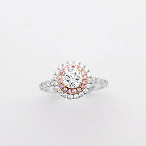 Elegant Chelsea Round Diamond Double Halo Pink Diamonds Ring | Modern Gem Jewelry | Saratti