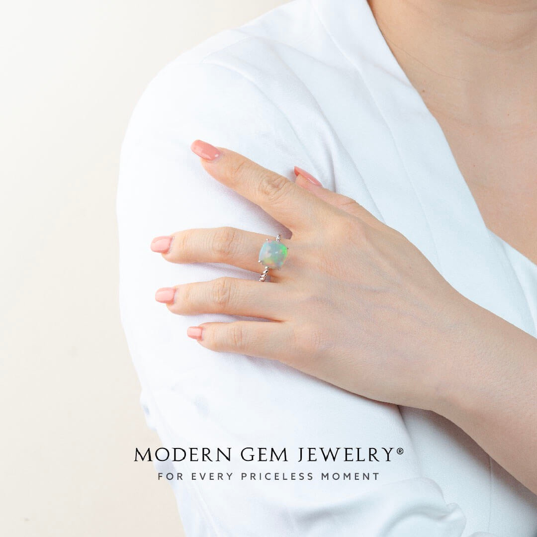 Opal Promise Ring in White Gold in 18K White Gold | Modern Gem Jewelry  | Saratti