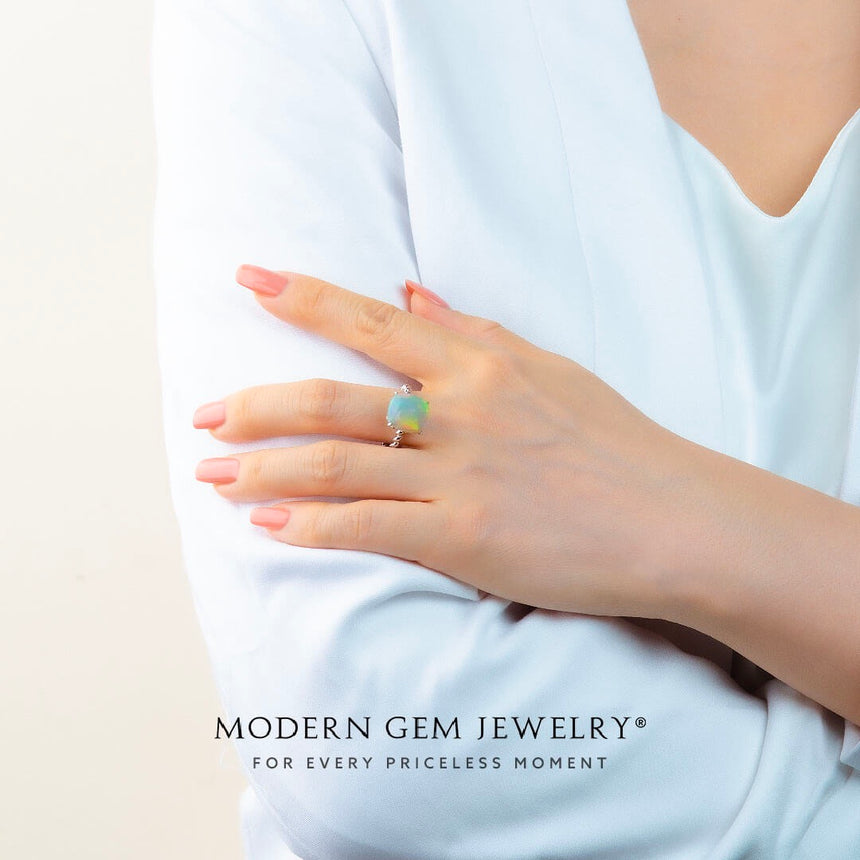 Opal Promise Ring in White Gold in 18K White Gold | Modern Gem Jewelry | Saratti