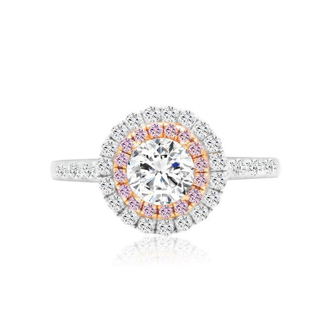 Chelsea Round Diamond Double Halo Pink Diamonds Ring | Modern Gem Jewelry | Saratti