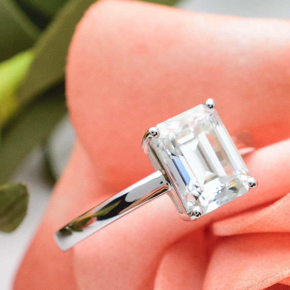 Elegant Stella Emerald Cut Moissanite Ring in White Gold | Modern Gem Jewelry | Saratti