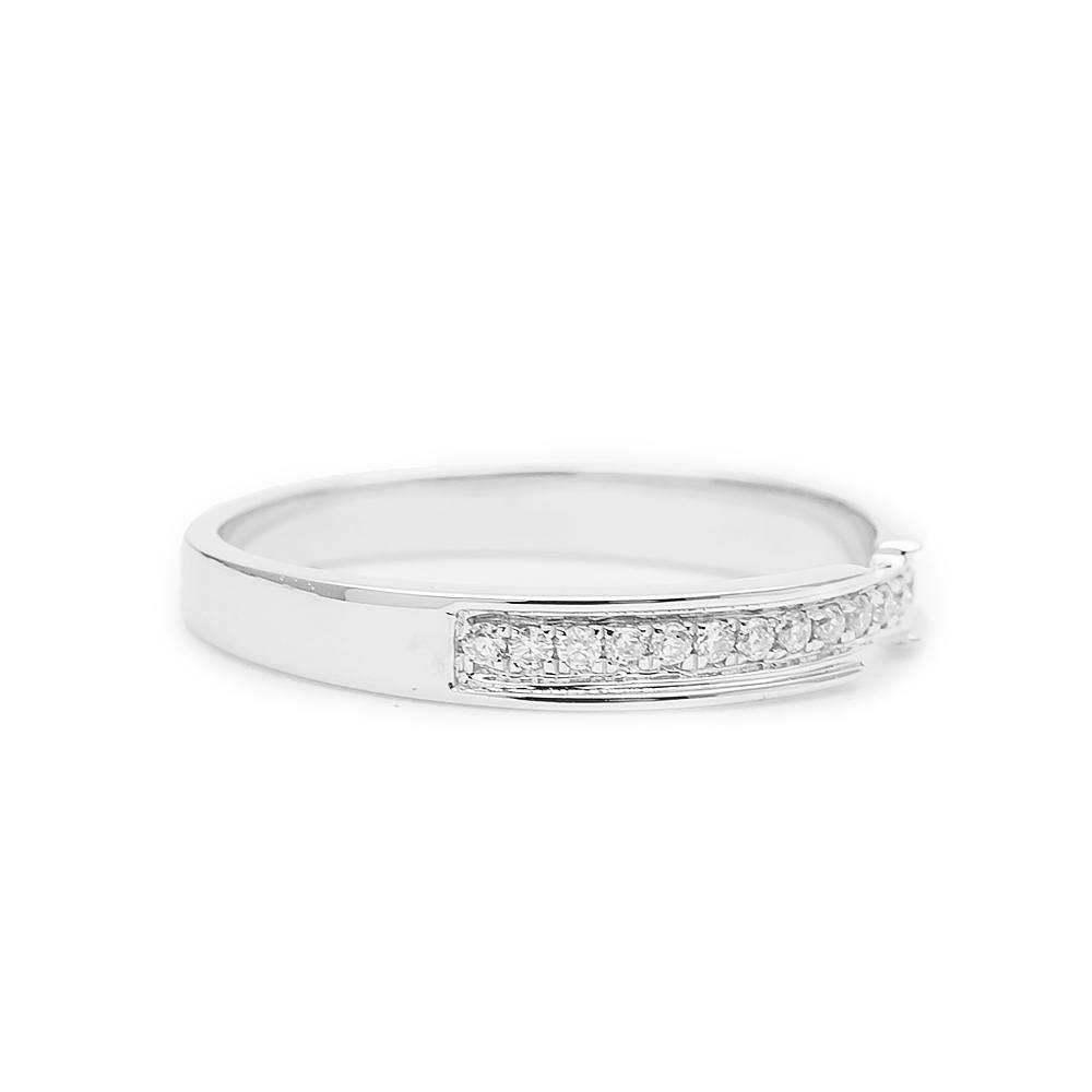Thin Wedding Band with Channel Set Diamonds in 18K White Gold against White Background Lying Down | Modern Gem Jewelry | Saratti