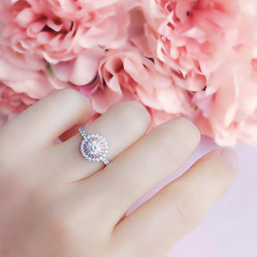 Exquisite Chelsea Round Diamond Double Halo Pink Diamonds Ring | Modern Gem Jewelry | Saratti