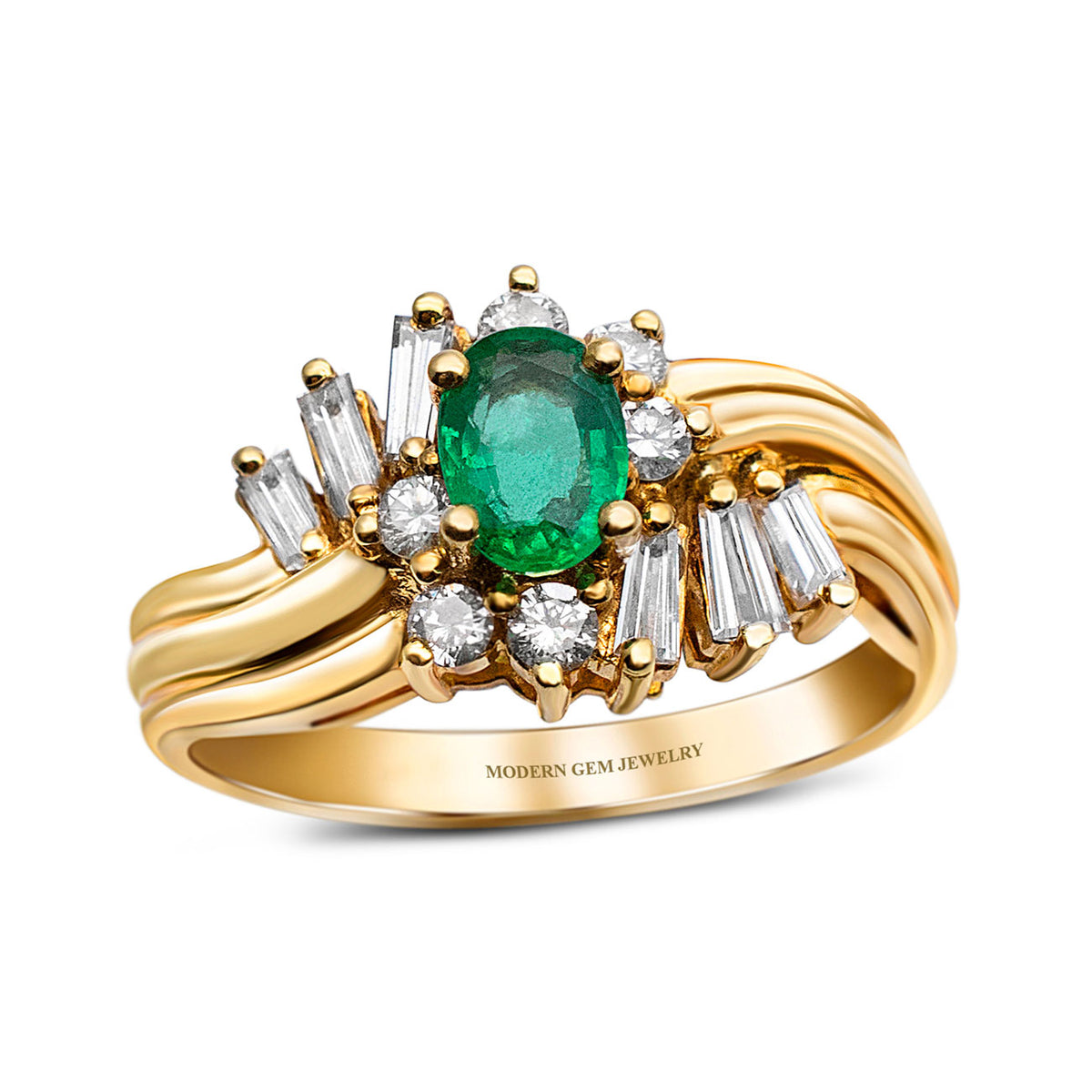Emerald Promise Ring with Diamonds in 18K Yellow Gold | Custom Made Gemstone Engagement Ring | Modern Gem Jewelry