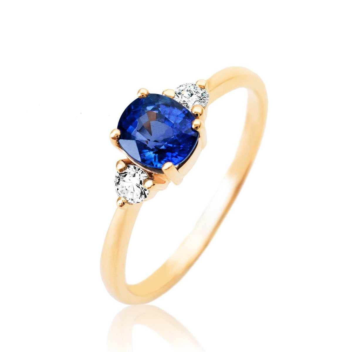 Stylish Cushion Blue Sapphire and Diamond Yellow Gold Ring | Modern Gem Jewelry | Saratti