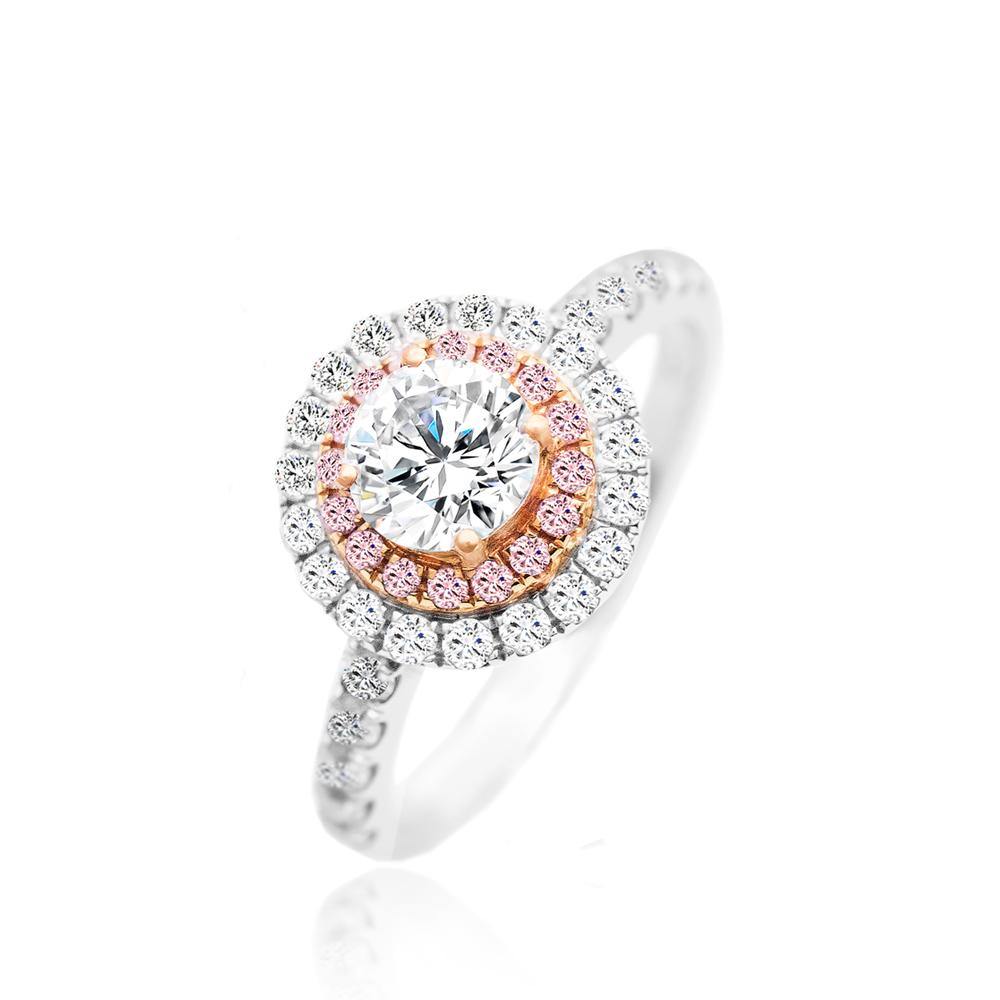 Sparkling Chelsea Round Diamond Double Halo Pink Diamonds Ring | Modern Gem Jewelry | Saratti
