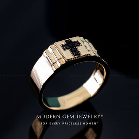 Black Diamond Cross Ring in Yellow Gold | Men Wedding Band in Yellow Gold with Black Diamond in Cross Design | Modern Gem Jewelry | Saratti