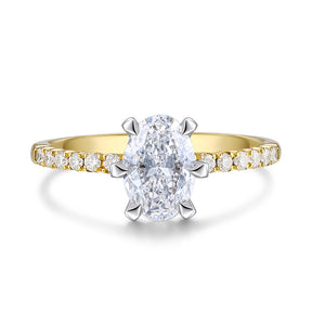 Oval Moissanite Engagement Rings in Yellow Gold | Six Prongs Design with Pave Diamonds | Modern Gem Jewelry