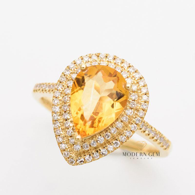 Double Diamond Halo Natural Citrine Ring 