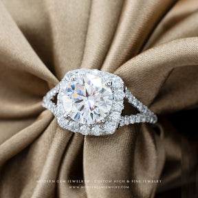 Exquisite Round Moissanite Halo White Gold Ring | Modern Gem Jewelry | Saratti
