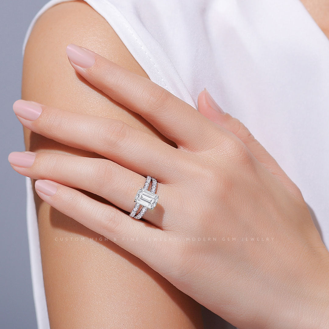 Emerald Cut Moissanite Ring Split Shank Ring | Custom Moissanite Ring | Modern Gem Jewelry