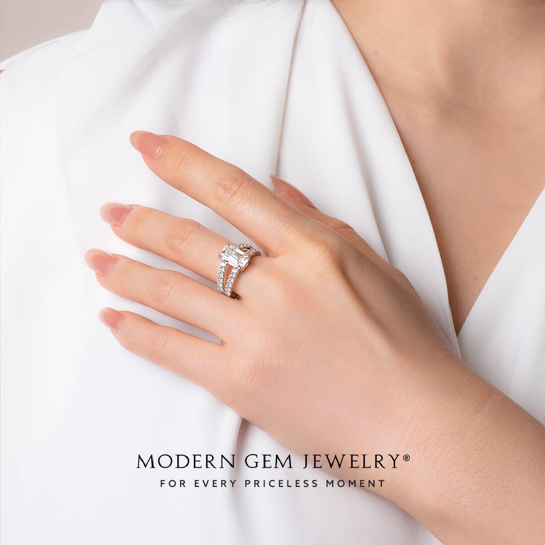 Emerald Cut Moissanite Ring Split Shank Ring | Custom Moissanite Ring | Modern Gem Jewelry