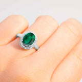 Emerald Birthstone Ring with Double Halo Diamonds in 18K White Gold | Custom Made Emerald Engagement Ring | Modern Gem Jewelry 