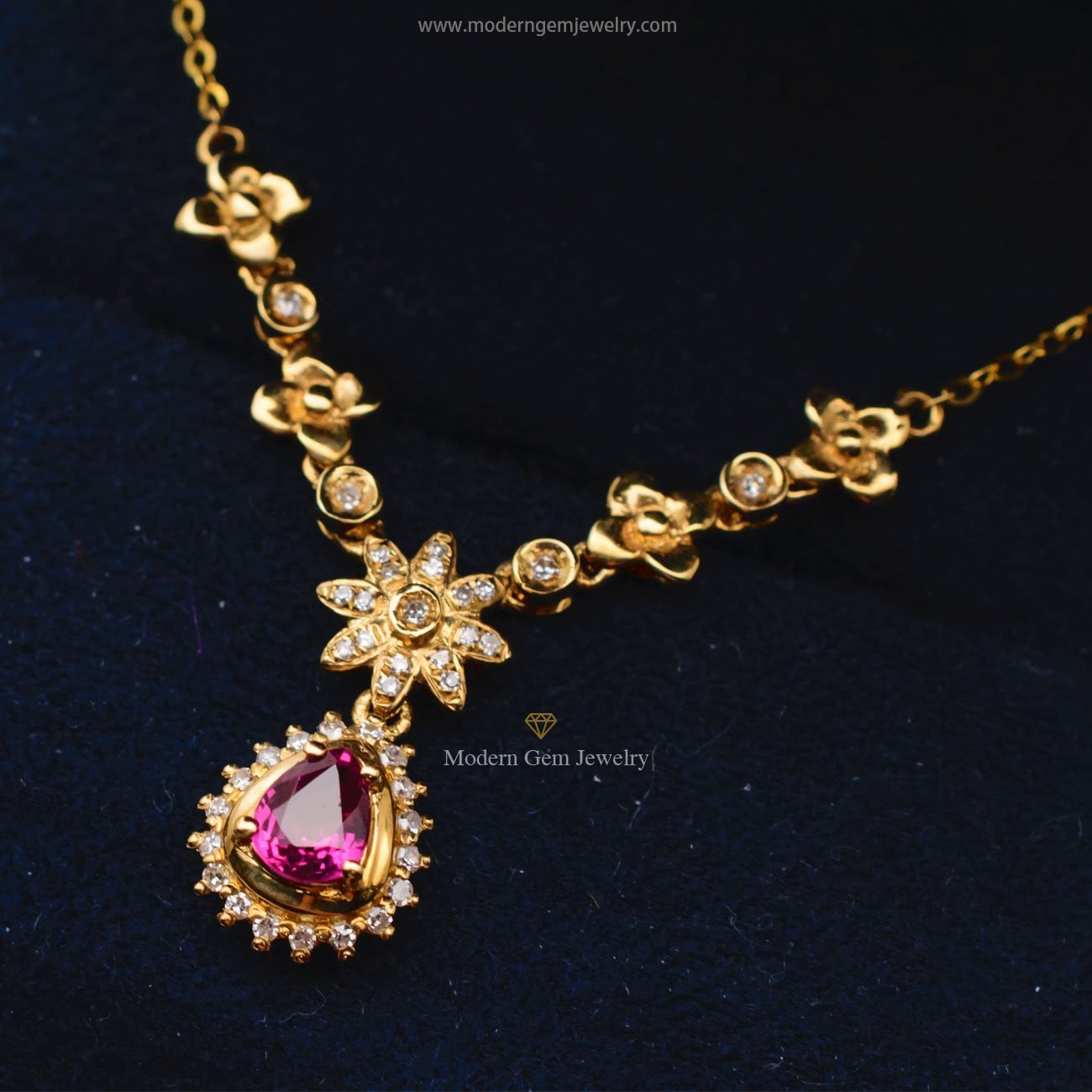 Pear Shaped Ruby Set in 18K Yellow Gold Necklace | Saratti