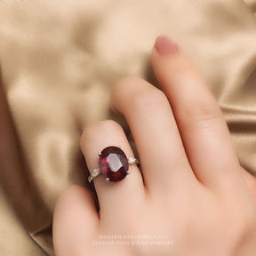 Garnet and Diamond Ring Three Stone  In 18K White Gold | Custom Rings | Modern Gem Jewelry